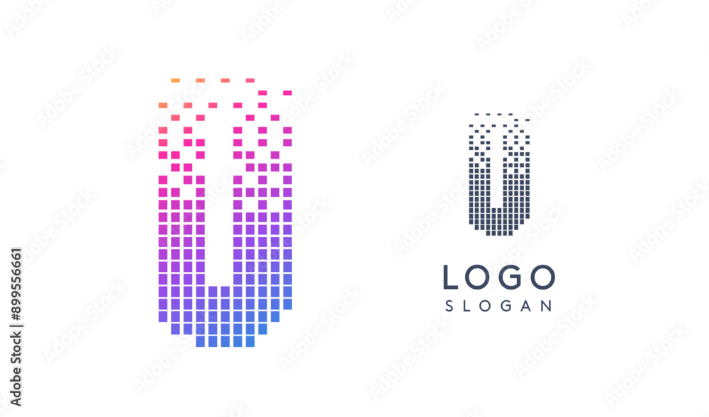 Aufkleber Pixelated Letter U D transitioning into scattered pixels with gradient colors creating modern, digital effect like equalizer. Abstract logo for tech software and digital media. Vector illustration.