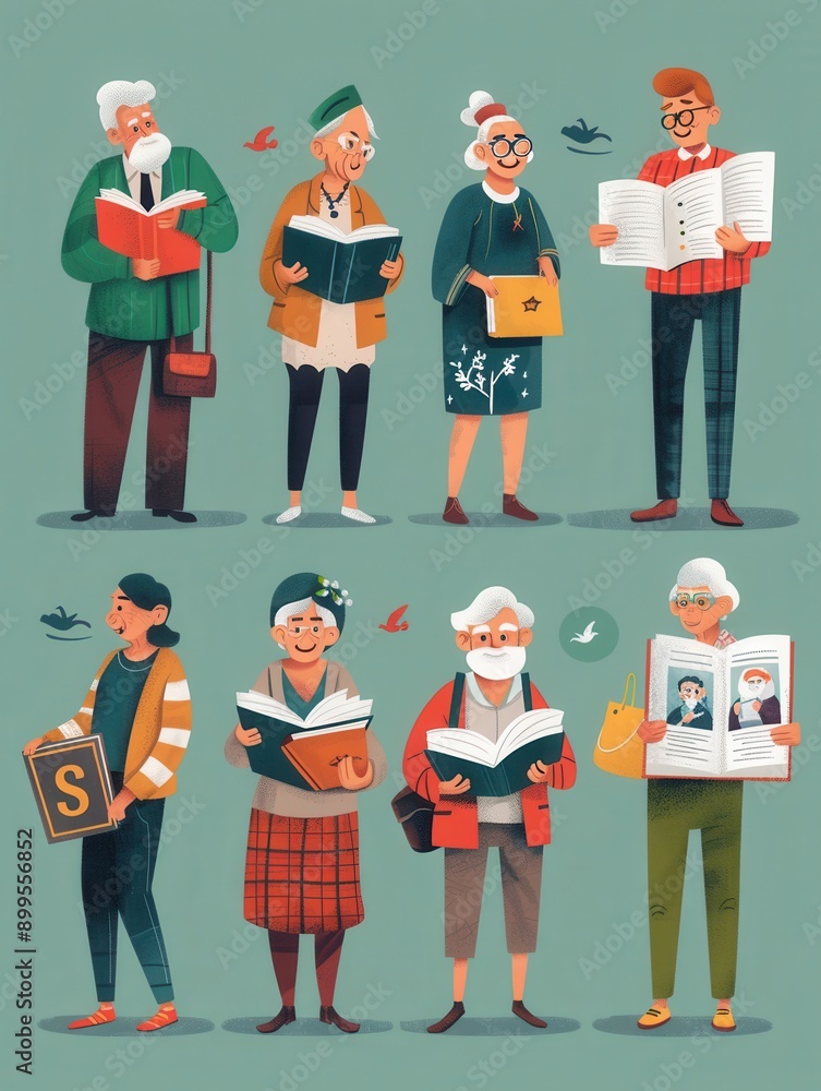 Poster group of elderly individuals studying foreign languages using various textbooks and dictionaries in 