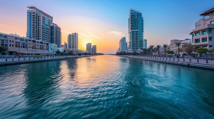 Fototapeta premium The Dubai Water Canal is a 3.2-kilometer long waterway that offers scenic views and recreational activities.