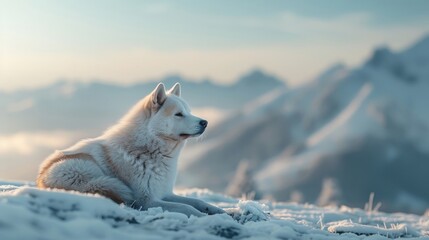 Fototapeta premium Close-up of an Akita Inu's face, capturing its piercing eyes and thick fur, with a mountainous backdrop.