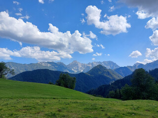 Mountains and green meadows of Kamnik–Savinja Alps. Nature of Slovenia.