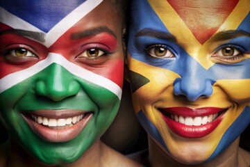 Obraz premium Vibrant colors of South Africa's flag adorn two sweet faces, symbolizing unity and national pride, with joyful smiles and bright eyes, celebrating diversity.