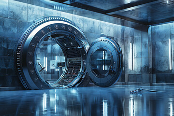Massive bank vault doors wide open, symbolizing security, wealth, and access to valuable assets. The scene highlights the impressive structure and the importance of safeguarding financial resources.