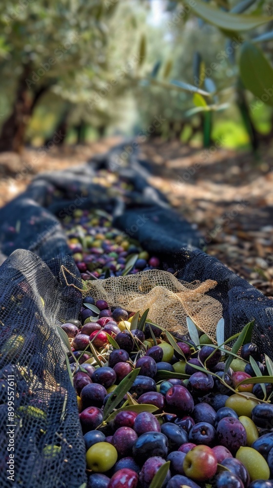 Poster a row of black netting is filled with black and green grapes