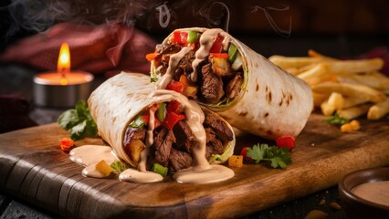 A burrito with fries and sauce on a cutting board, AI