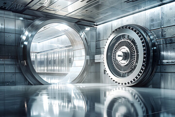 Massive bank vault doors wide open, symbolizing security, wealth, and access to valuable assets. The scene highlights the impressive structure and the importance of safeguarding financial resources.