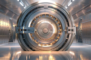 Massive bank vault doors wide open, symbolizing security, wealth, and access to valuable assets. The scene highlights the impressive structure and the importance of safeguarding financial resources.