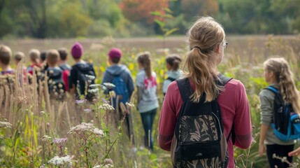 A school teacher leads a group of students on a nature walk, explaining different plant species and ecosystems.