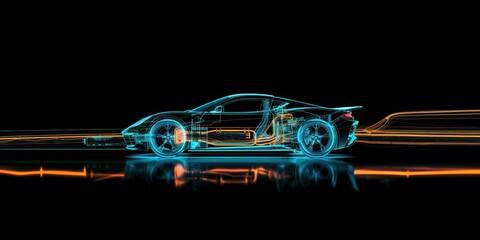 An electric car lithium battery pack is illustrated with power connections, showcasing the core of modern automotive technology in a vibrant blue tone. Wide.