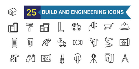 Build and Engineering line icon set. Outline icon collection. Editable vector stroke.