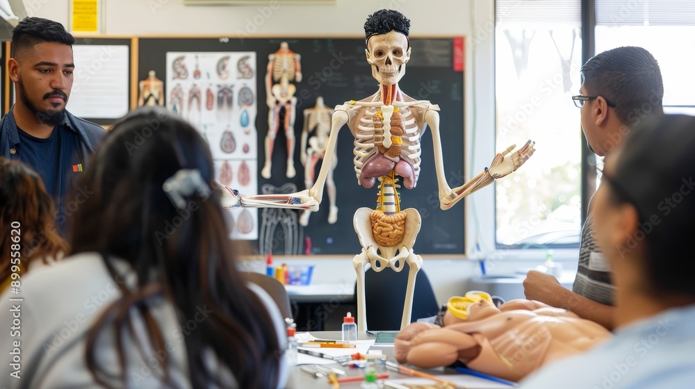 Poster an anatomy class where students learn about the human body. the teacher uses models and diagrams to 