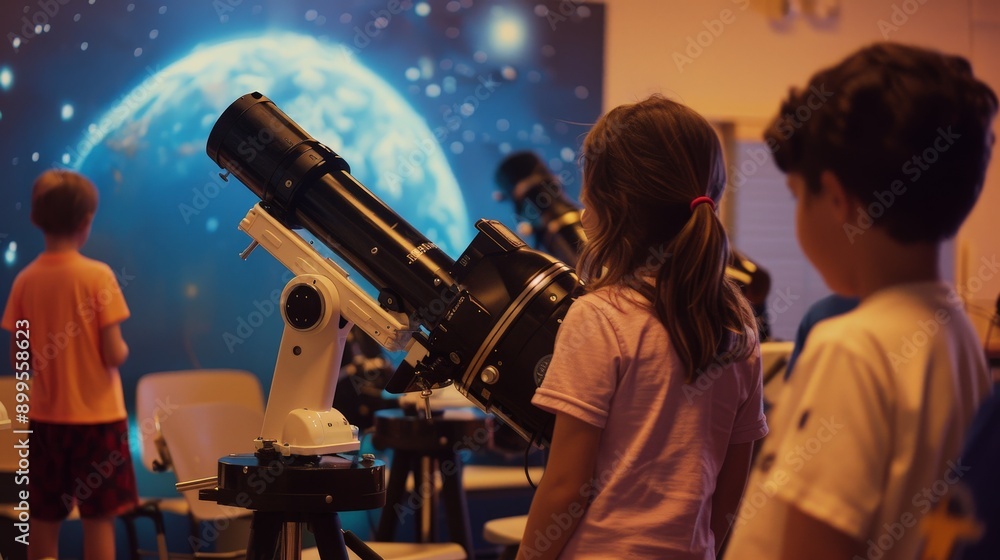 Wall mural an astronomy class where students explore the wonders of the universe. the teacher uses telescopes a