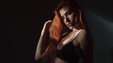 Naklejka premium Redhead woman in a black dress under dramatic shadow lighting.