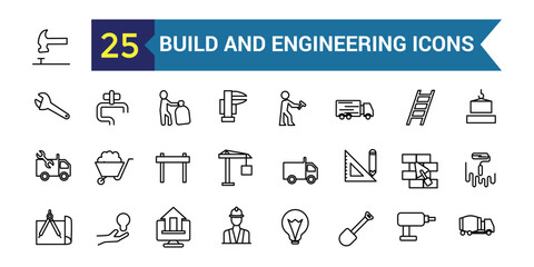 Build and Engineering line icon set. Outline icon collection. Editable vector stroke.