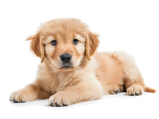 Obraz premium Adorable Golden Retriever Puppy Lying on Plain White Background