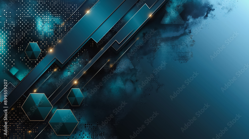 Poster a blue background with a pattern of hexagons and squares