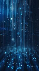 Vertical blue and teal digital lines with bokeh effect and particles. Futuristic technology and data visualization background.