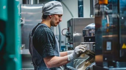 A factory worker loading raw ingredients into a machine for canning