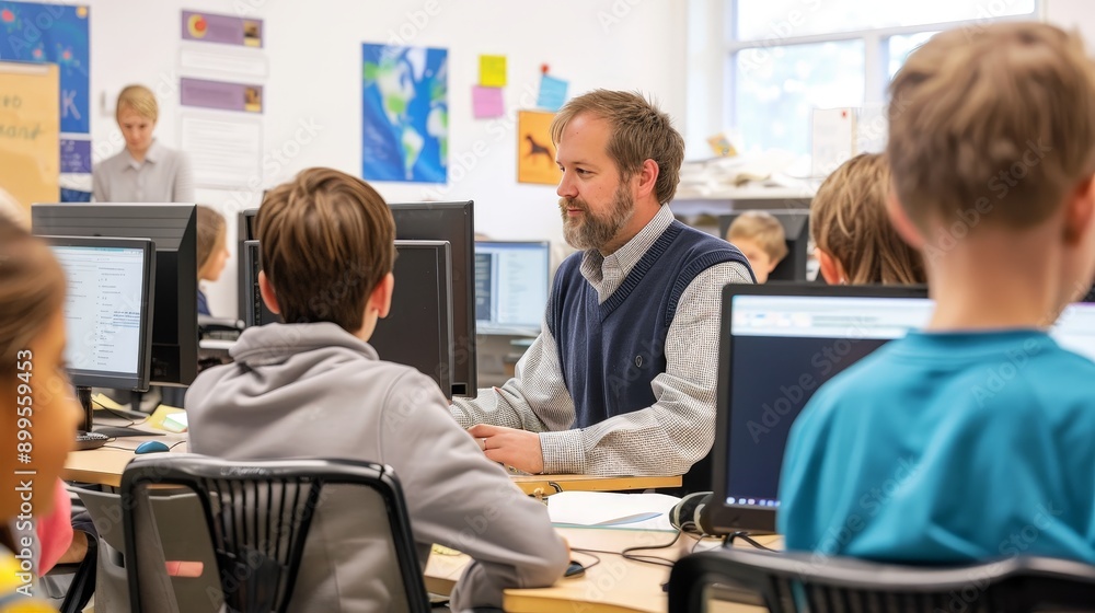 Poster during a computer science class, a school teacher guides students through creating their own website