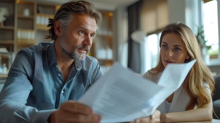 Fototapeta premium Insurance Agent Reviewing Claims with Client in Modern Office Setting