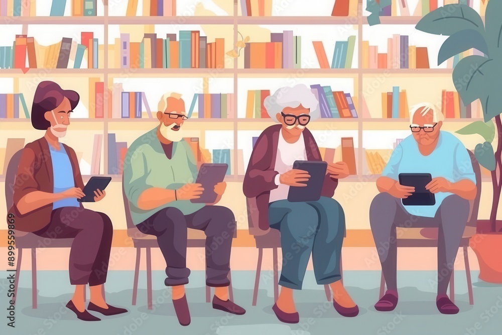 Poster a group of elderly individuals uses tablets, focused on learning activities in a welcoming library f