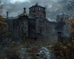 Obraz premium A gloomy, run-down mansion sits in the middle of a dense forest