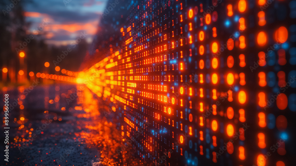 Poster a series of glowing binary numbers are displayed on a wall