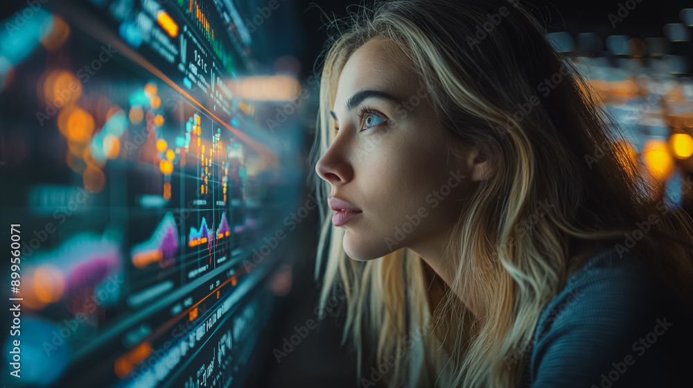 Poster a woman is looking at a computer screen with a lot of numbers and graphs