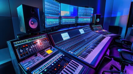 state-of-the-art audio recording studio with digital mixing boards and waveform monitors on sleek screens