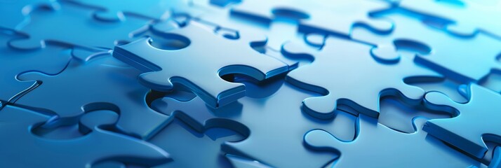 Close-up of blue puzzle pieces interlocking against a blue background. Represents the process of problem-solving, connection, and creativity.