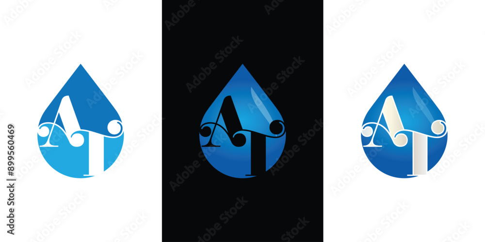 Aufkleber this is a set of logos of waterdrop shapes with initial letter at in blue color in simple flat style