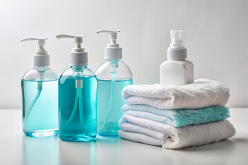 Arrangement of refillable bottles of antibacterial gel and packets of disinfecting towels surrounding a pristine white background, conveying cleanliness and germ-free environment.