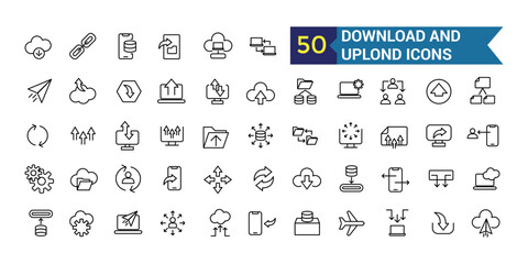 Download and upload icon collection. Outline icon collection. Editable vector stroke.
