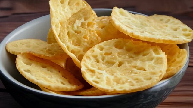 Crunchy snacks in a bowl on a wooden surface