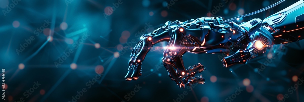 Poster close-up of a robotic hand with neon accents reaching out to a digital network. perfect for illustra