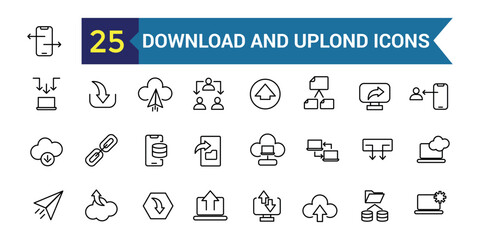 Download and upload icon collection. Outline icon collection. Editable vector stroke.