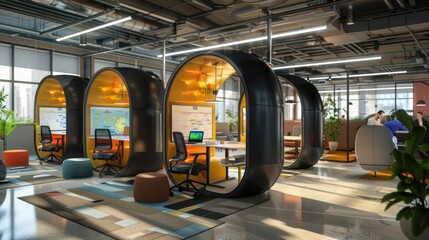 tech startup's open-plan office with brainstorming pods equipped with interactive whiteboards and cloud connectivity