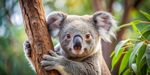 Fototapeta premium Adorable koala bear clings tightly to a sturdy eucalyptus tree branch, showcasing its cuddly nature, in a heartwarming scene set amidst the Australian wilderness.