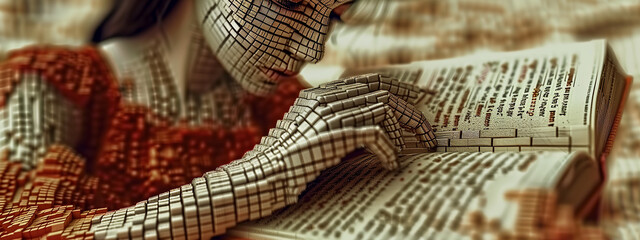 Mystical fusion of the analog and digital, as a reader's transfixed gaze meets a pixelated, fractal reality.