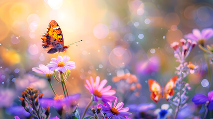 A butterfly hovering over a vibrant meadow of blooming flowers, with a magical glow and sparkling light effects, capturing the enchanting beauty of nature.