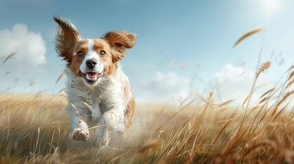 Lively Skipperke bounding through a grassy field, with its compact form and alert expression under a clear blue sky.