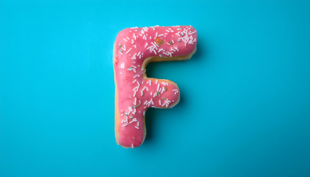 Frosted sprinkled donut in the shape of the letter F