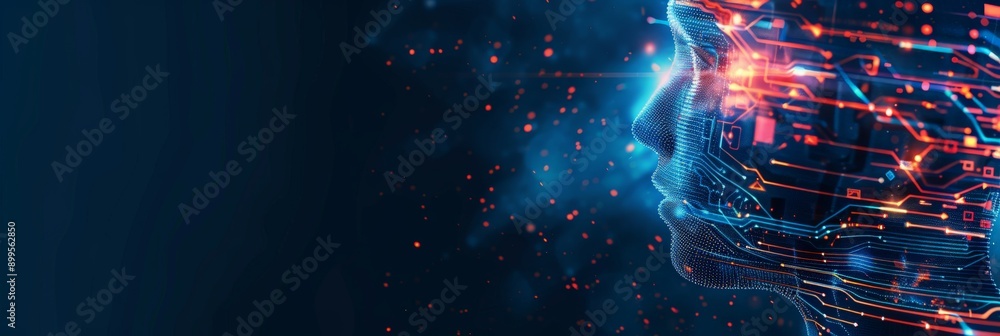 Poster Digital face with red and blue light trails and circuits on a dark background. AI and technology innovation concept.