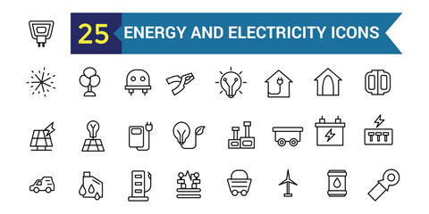 Energy and electricity icon set. Outline icon collection. Editable vector stroke.