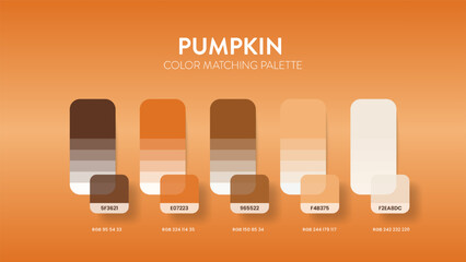 Color palette guide in Pumpkin halloween colour theme collections. Colors inspiration or chart with codes template. Color combination RGB. Swatches for graphic design, art, fashion, website, painting.