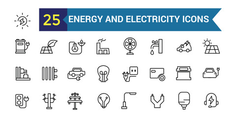 Energy and electricity icon set. Outline icon collection. Editable vector stroke.