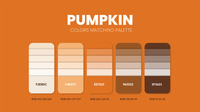Color palette guide in Halloween Pumpkin colour theme collections. Colors inspiration or chart with codes template. Color combination RGB. Swatches for graphic design, art, fashion, website, painting.