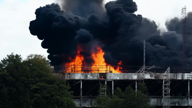 Construction site fire ignites with thick black smoke in urban area