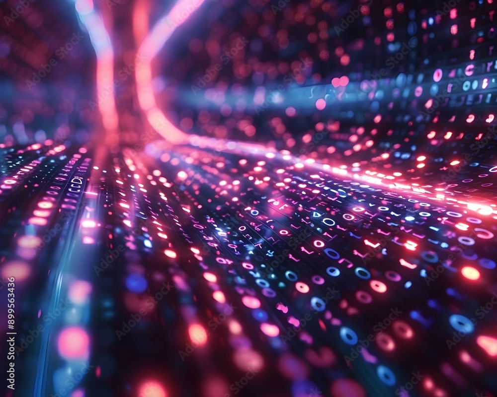 Poster flowing binary code with neon lights cyber background with dark theme and copy space