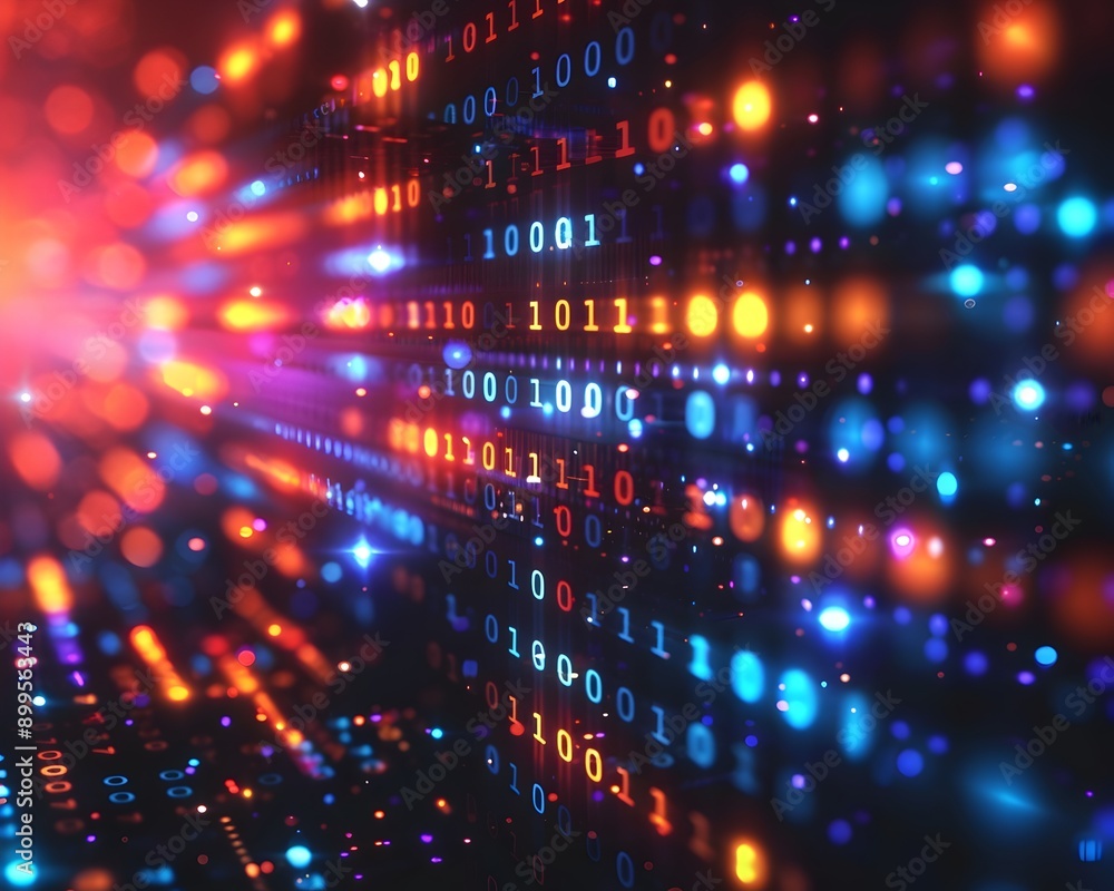 Poster flowing binary code with neon lights cyber digital background concept